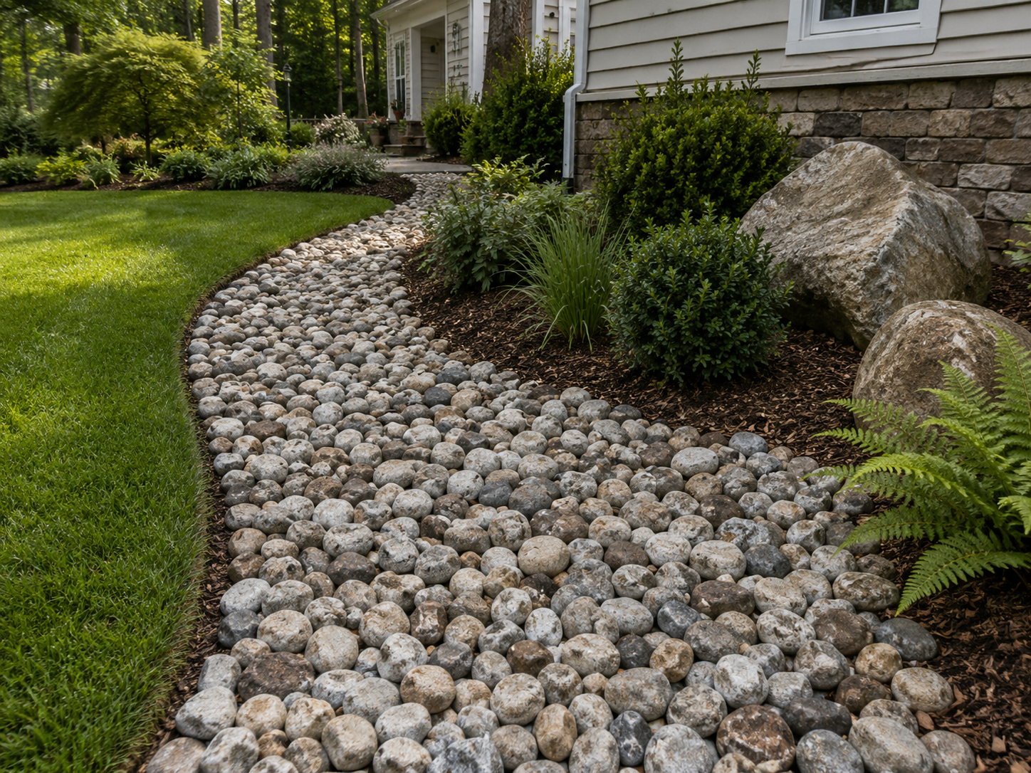 Natural Round Stone 3″ used in a residential landscape