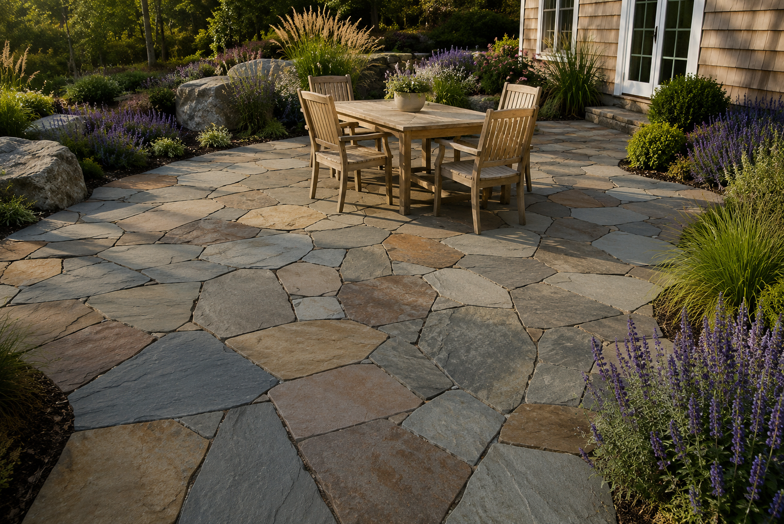 Standing Irregular Full Range Bluestone installed in a residential landscape
