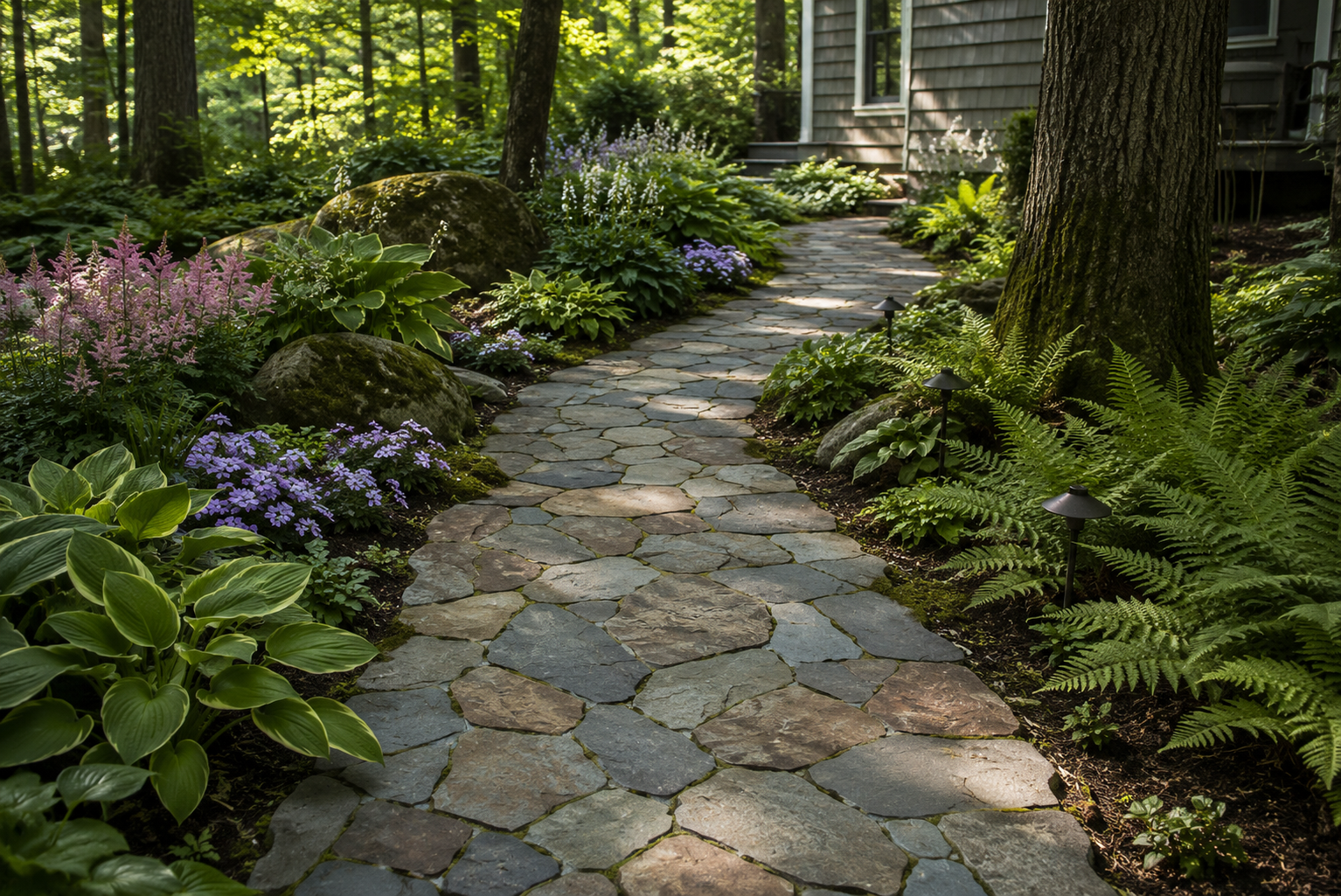 Standing Irregular Full Range Mini Bluestone installed in a residential landscape