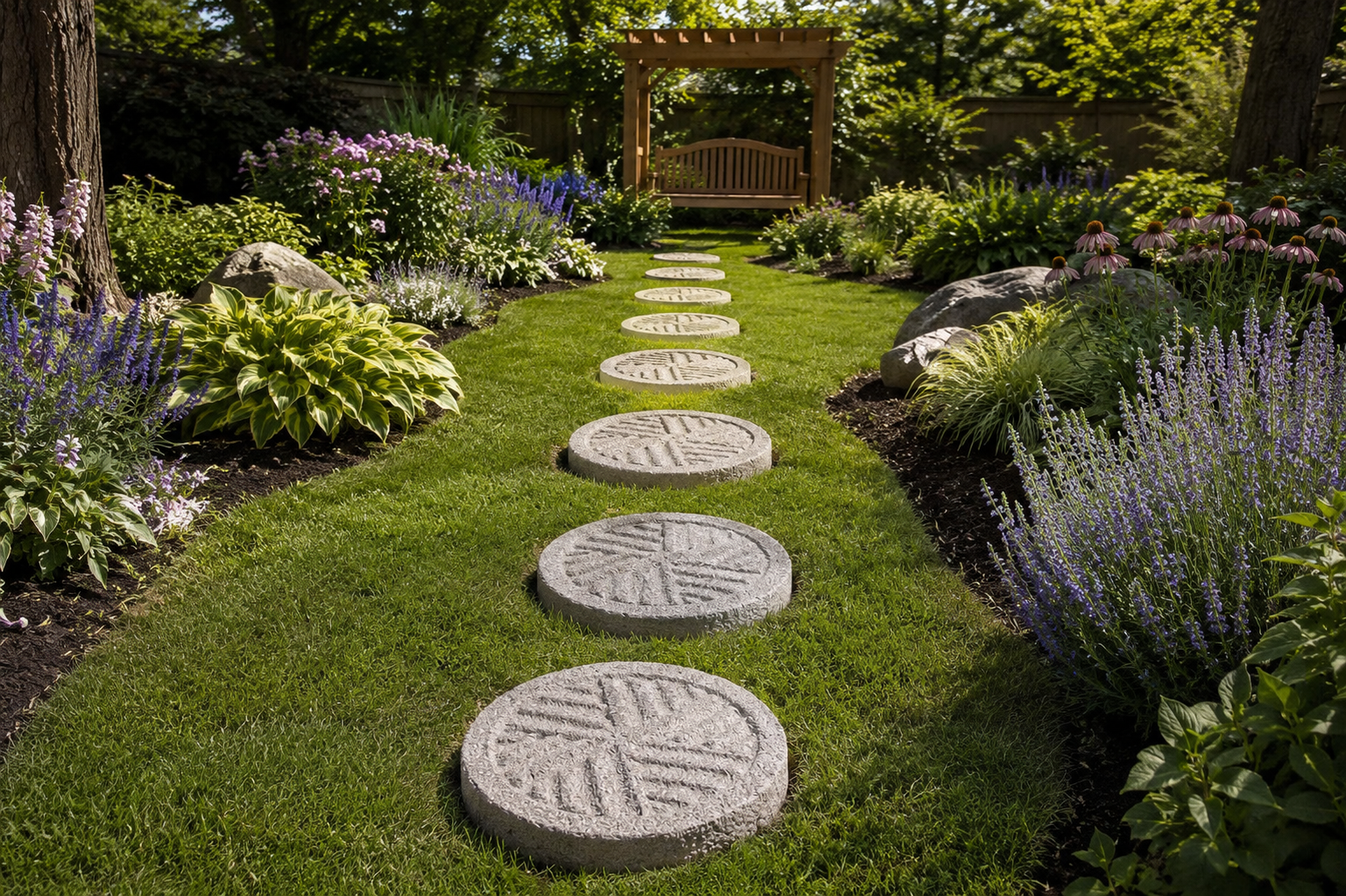 Granite Millstone Stepping Stones installed in a residential landscape